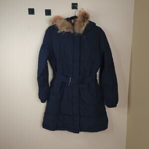 Yesse Full Length Quilted Puffer with Faux Fur Hood in Navy Size 90/M